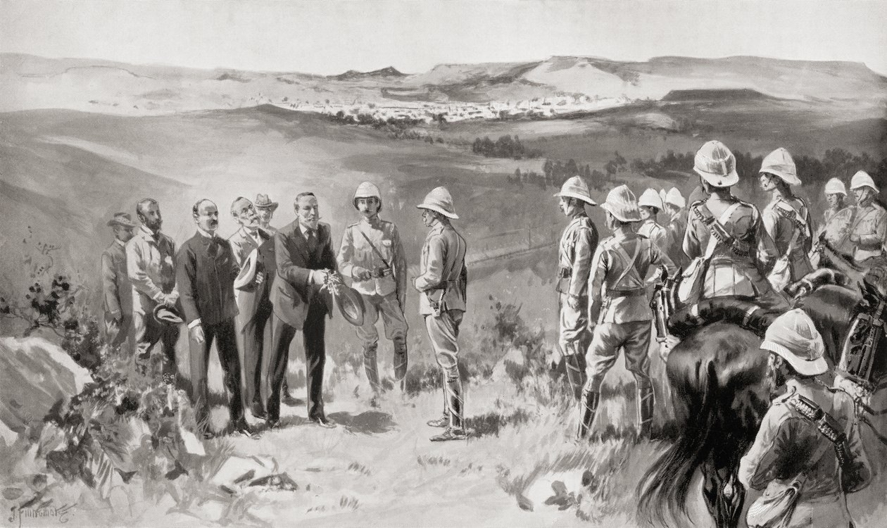 Den formella överlämnandet av Bloefontein till Lord Roberts av Mr, Pappenfus, Mr, Kellner och Mr, Collins den 14 mars 1900, från boken South Africa and the Transvaal War av Louis Creswicke, pub. 1900 av Unknown