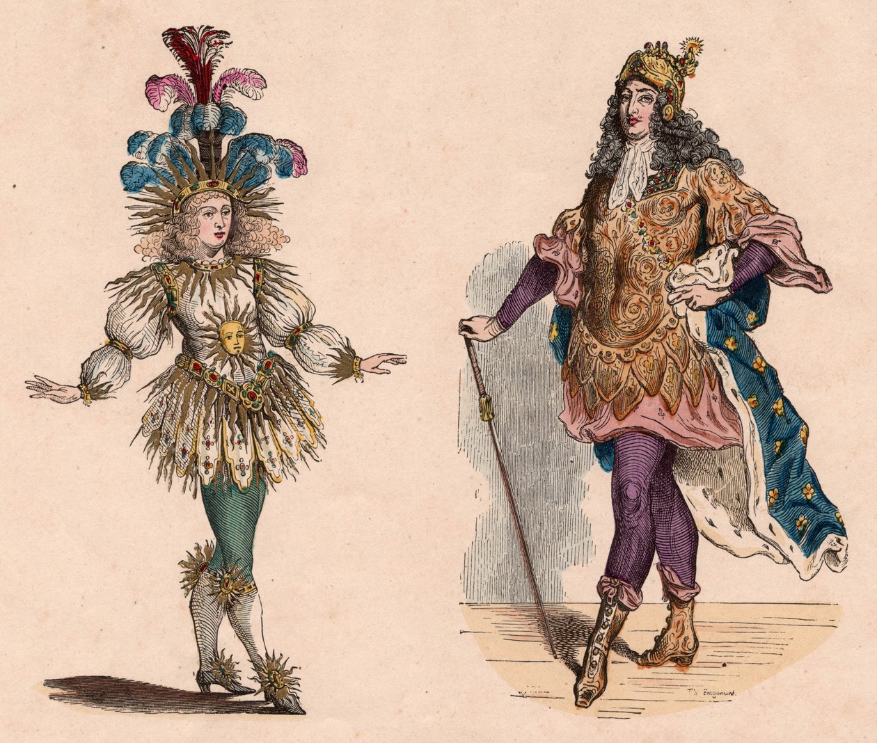 E lua vaaiga o Louis XIV i suti: tasi mo le fale mataaga e fafagu ai le la ma fulu ostrich, tasi mo le carousel, ma le ofutau ma lili lili. av Unknown
