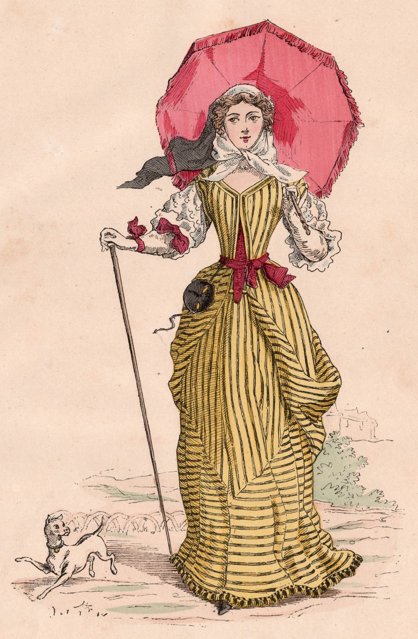 Ung fransk kvinna med elegant kostym från XVII-talet (färggravyr) av Unknown