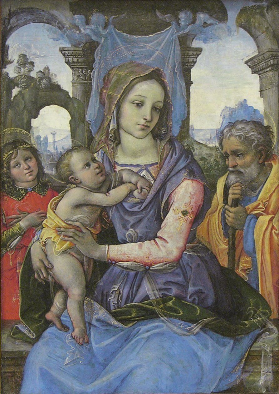Madonna och barn med Sankt Josef och en ängel, ca 1490 (tempera på duk, överförd från trä) av 1476 1524 Capponi