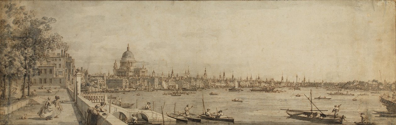 Themsen och London City från Terrace of Somerset House (penna & brunt bläck med grå tvätt på papper) av Giovanni Antonio Canal