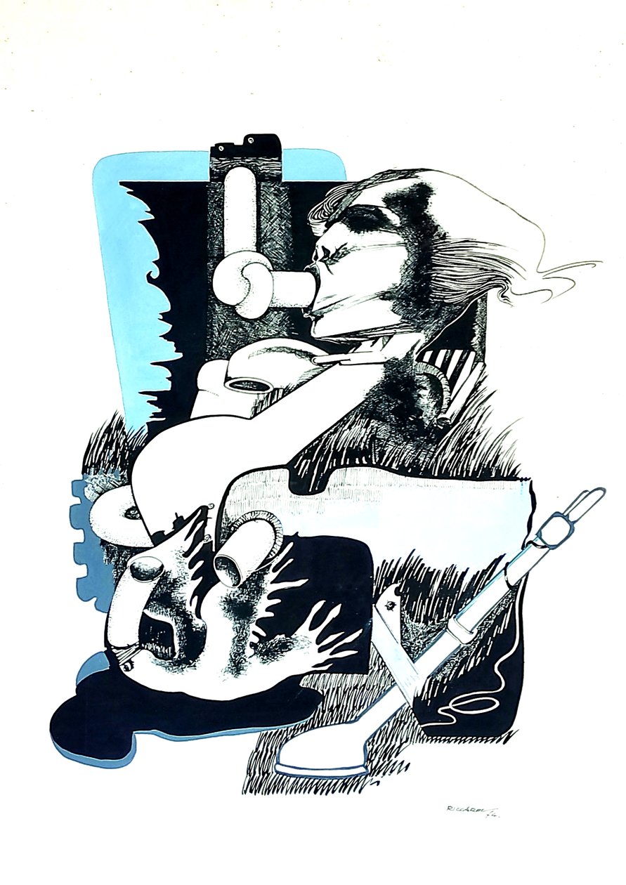G. C. Riccardi, Proposta e Stop, 1974, Tinte auf Papier, 40x70, Italien. av Gian Carlo Riccardi