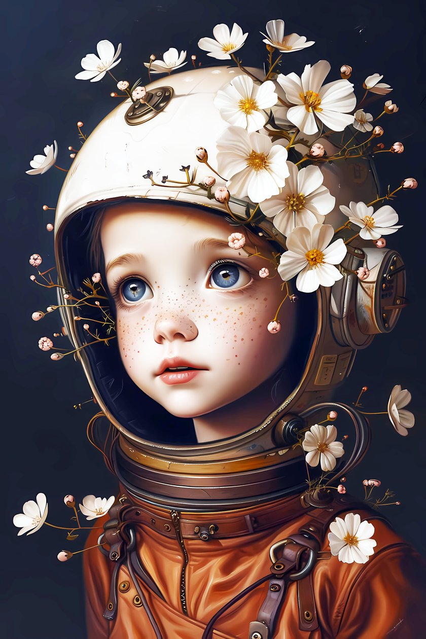 barn astronaut på planeten Blommor, anpassade bildtryckstorlekar av F. Abderrahim
