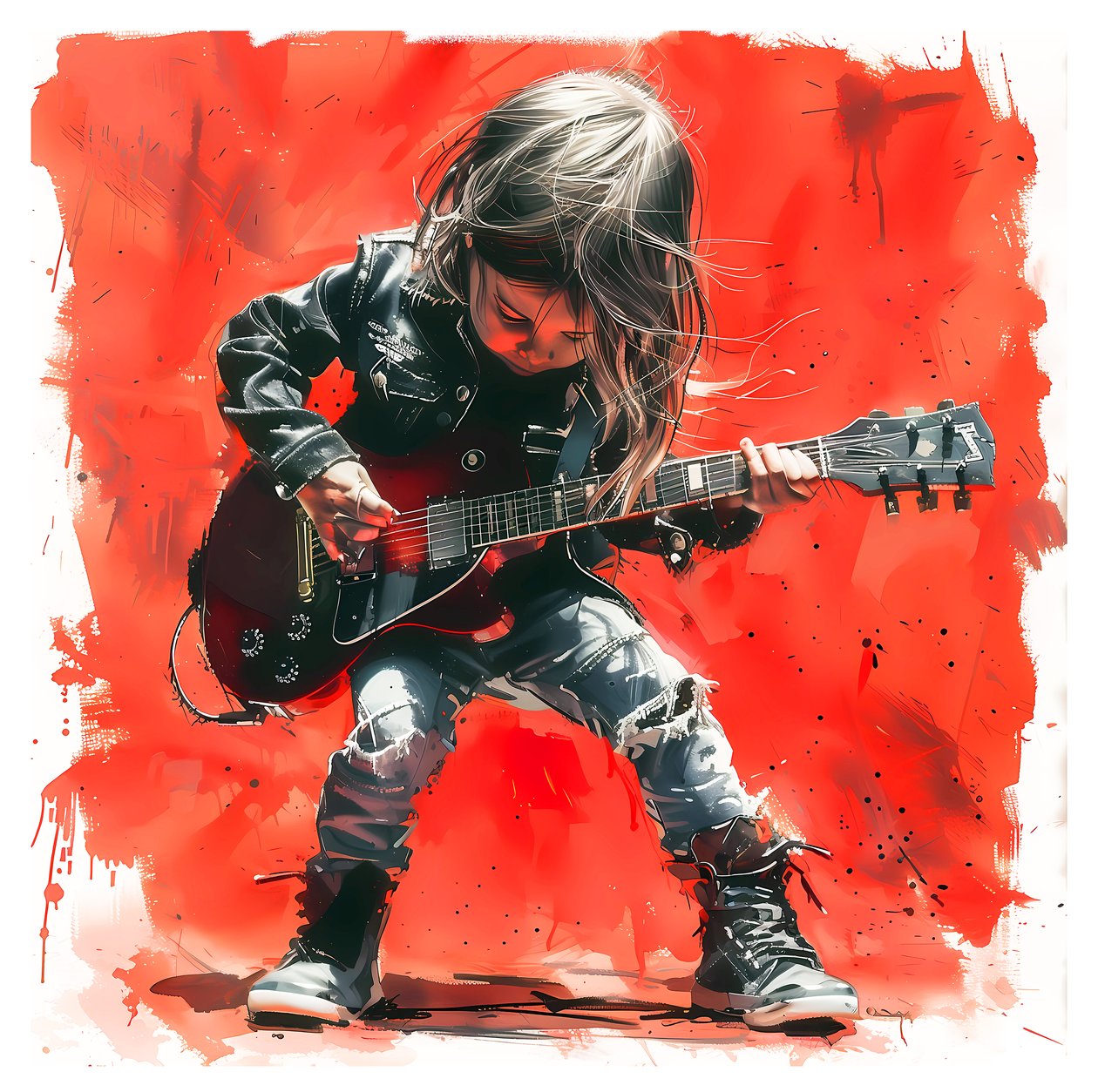 Ett barn spelar rock elgitarr, Musik konstmålningar till salu, canvas konsttryck av F. Abderrahim