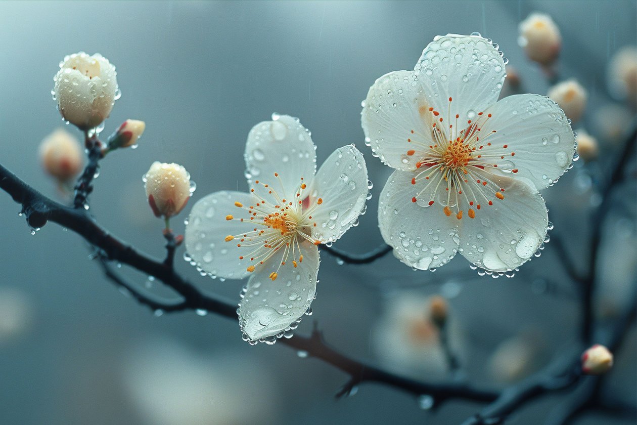 Vita blommor under morgondaggen för zen väggdekor av F. Abderrahim
