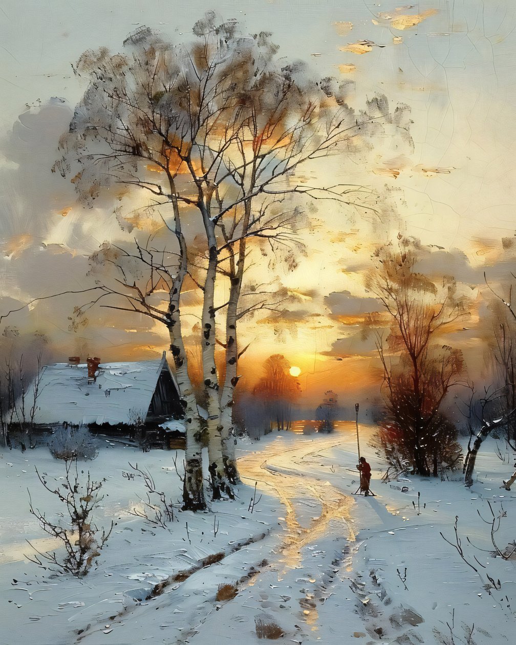 Ett hus på landsbygden i solnedgången på vintern mitt i snön, konsttryck på canvas av F. Abderrahim