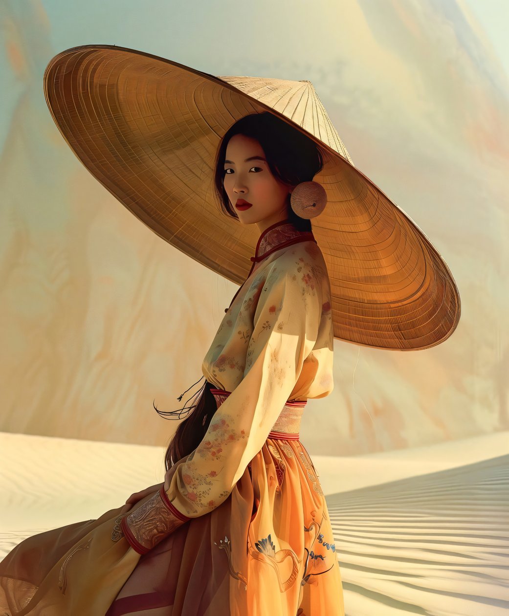 Kinesisk kvinna i gul kimono på en öken | Asiatiska figurer väggbilder av F. Abderrahim