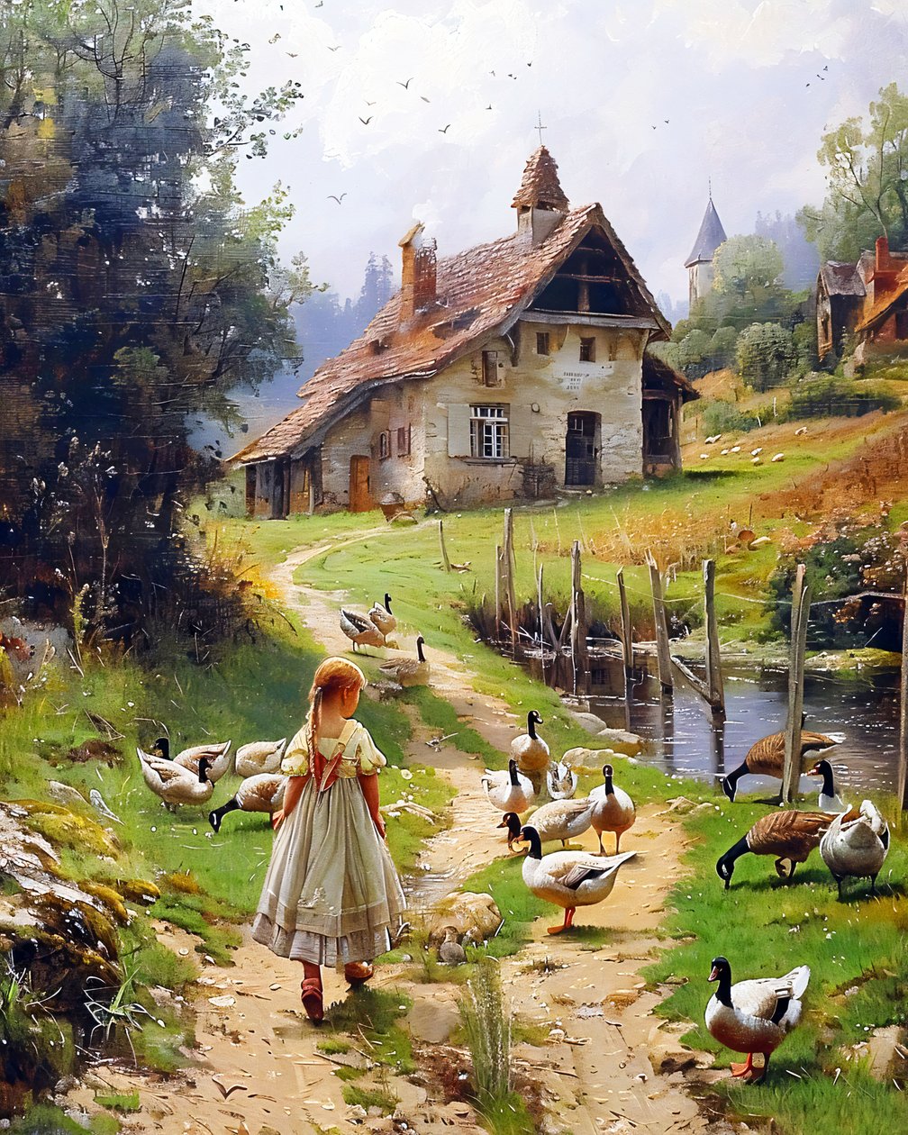 Flicka och fjäderfä i gammalt europeiskt landskap Berkshire Homestead stil konsttryck av F. Abderrahim
