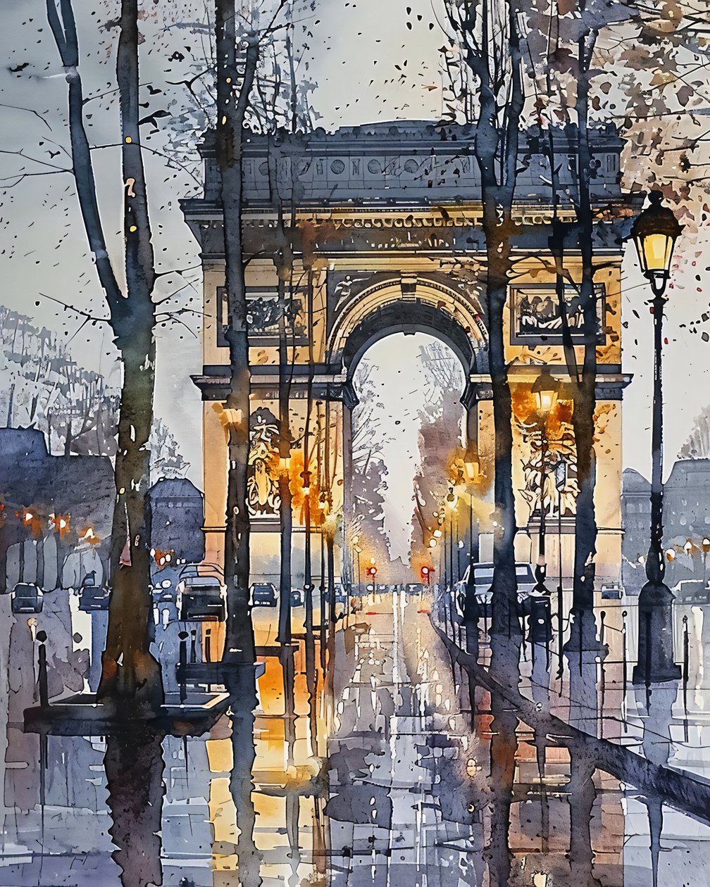 Akvarellmålning: Champs Elysées Paris Frankrike på vintern | väggkonsttryck av F. Abderrahim