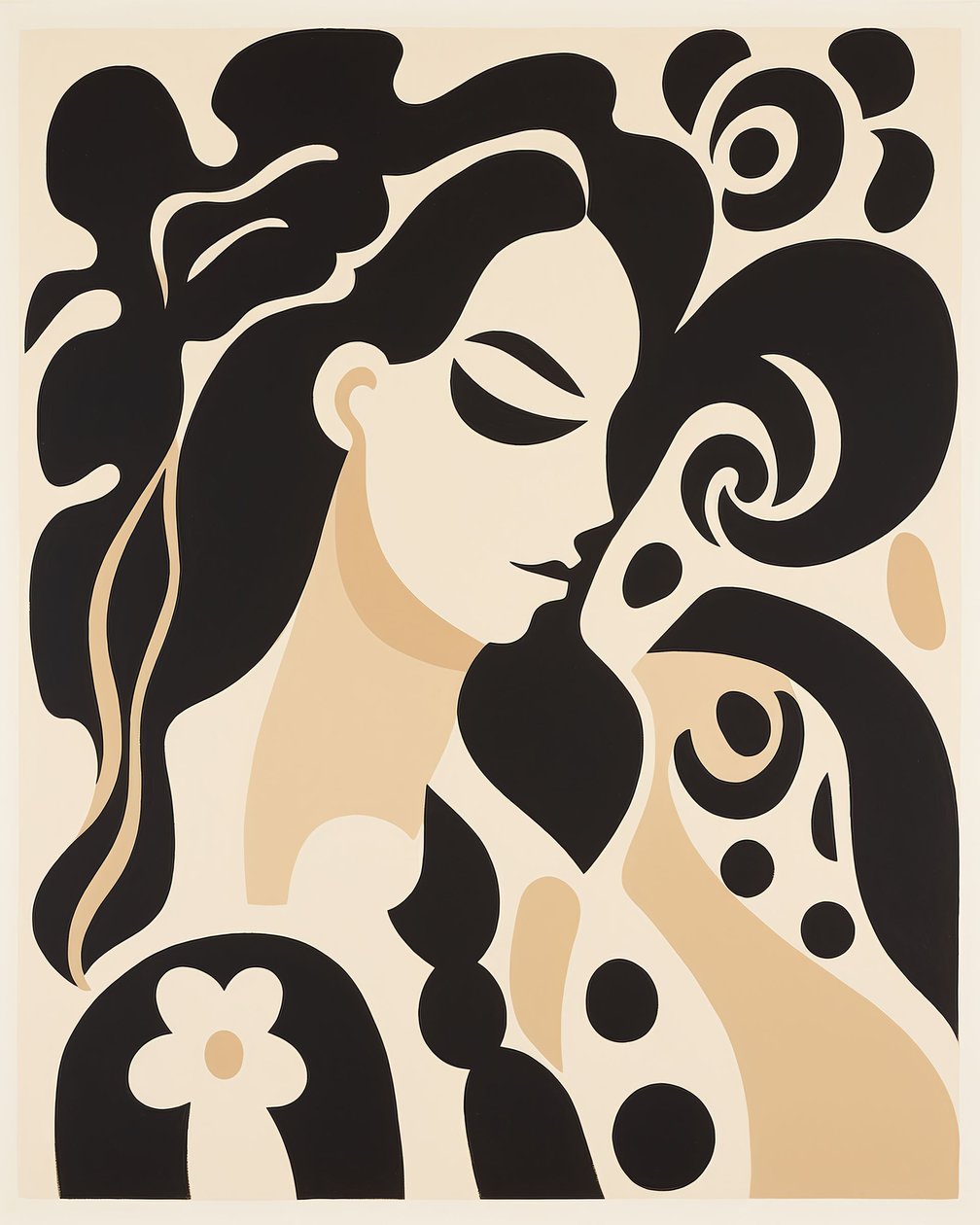 Beige  svart abstrakt målning kvinna Henri Matisse stil canvas tryck av F. Abderrahim