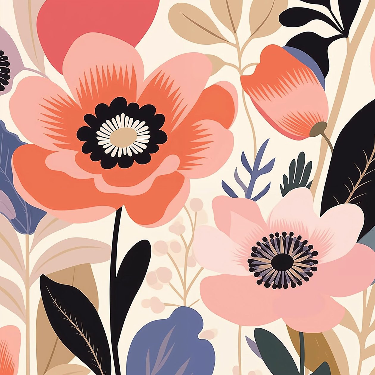Botanisk illustration pastellfärgade blommor, matisse-stil | väggkonsttryck av F. Abderrahim
