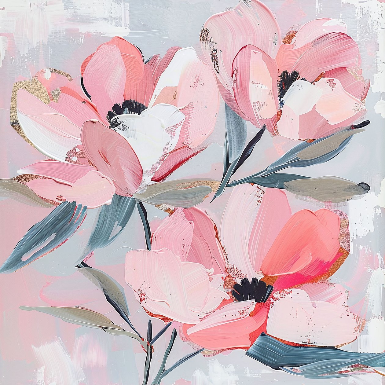 Abstrakta rosa snöblommor för väggrumsinredning, konsttryck online av F. Abderrahim