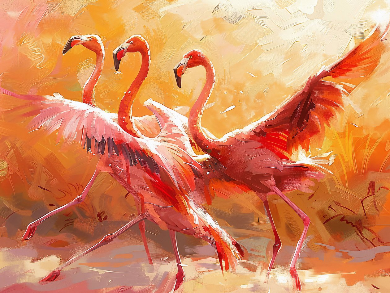 Abstrakt målning av dansande flamingos, canvastavlor  rumsinredning av F. Abderrahim