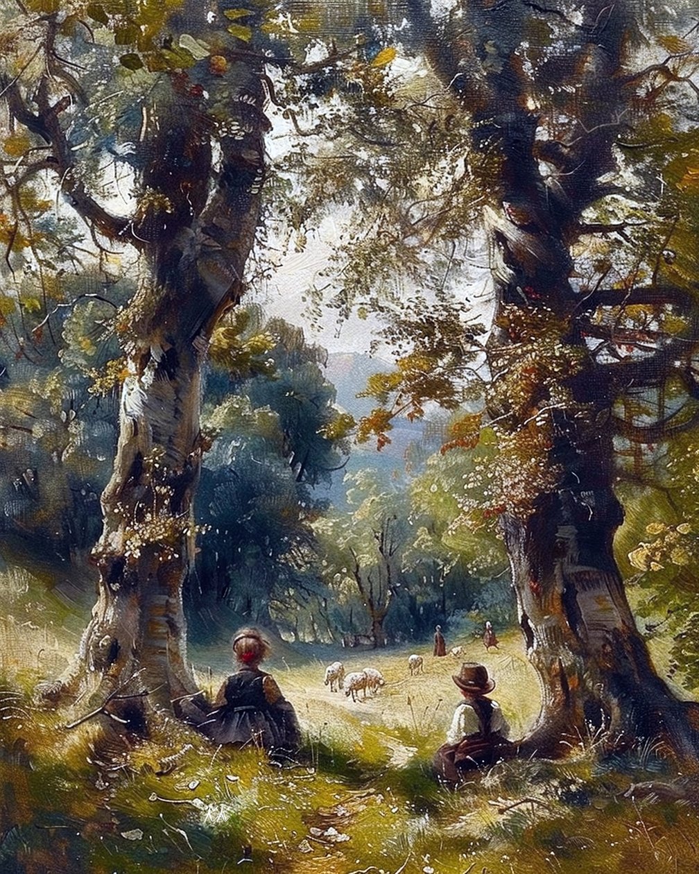 Barn som sitter under träd i skogen, modern väggdekor av F. Abderrahim