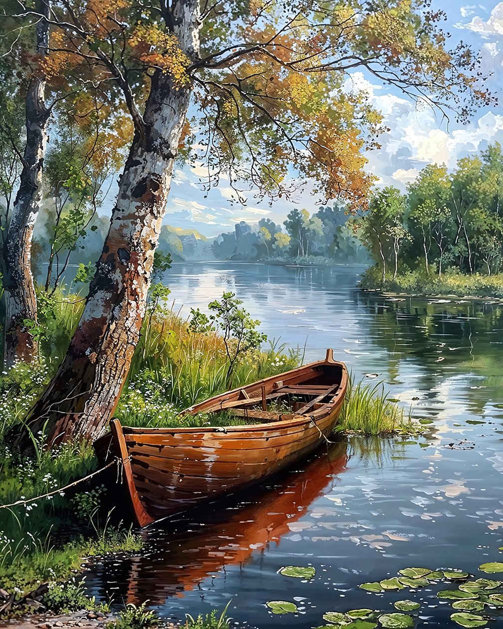 En felucca i en lugn trädkantad sjö, väggdekoration för sovrum av F. Abderrahim