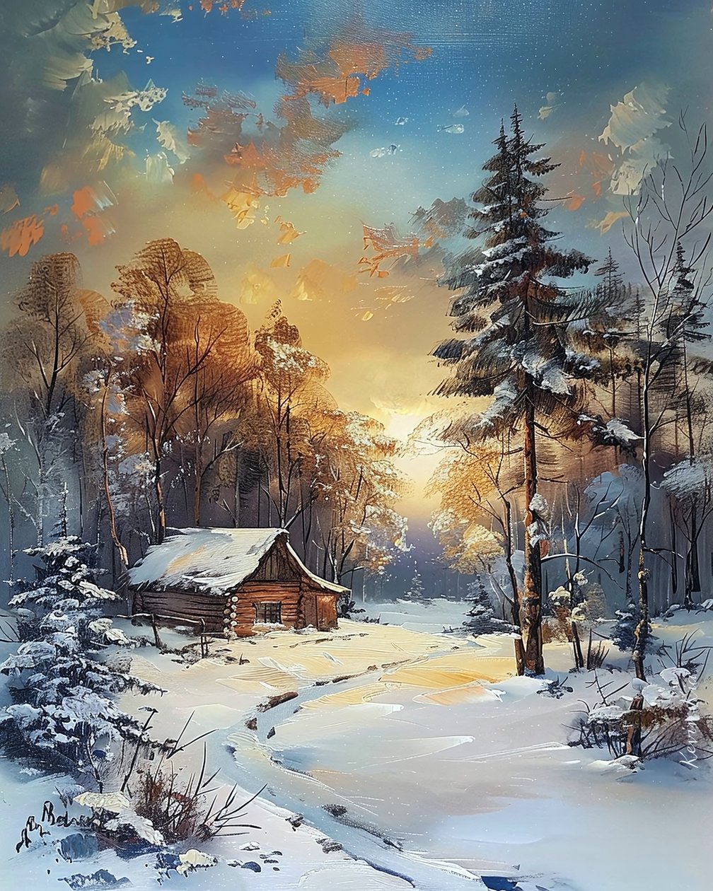 Hytt mitt i en skog och snö, väggdekoration i vinterlandskap av F. Abderrahim