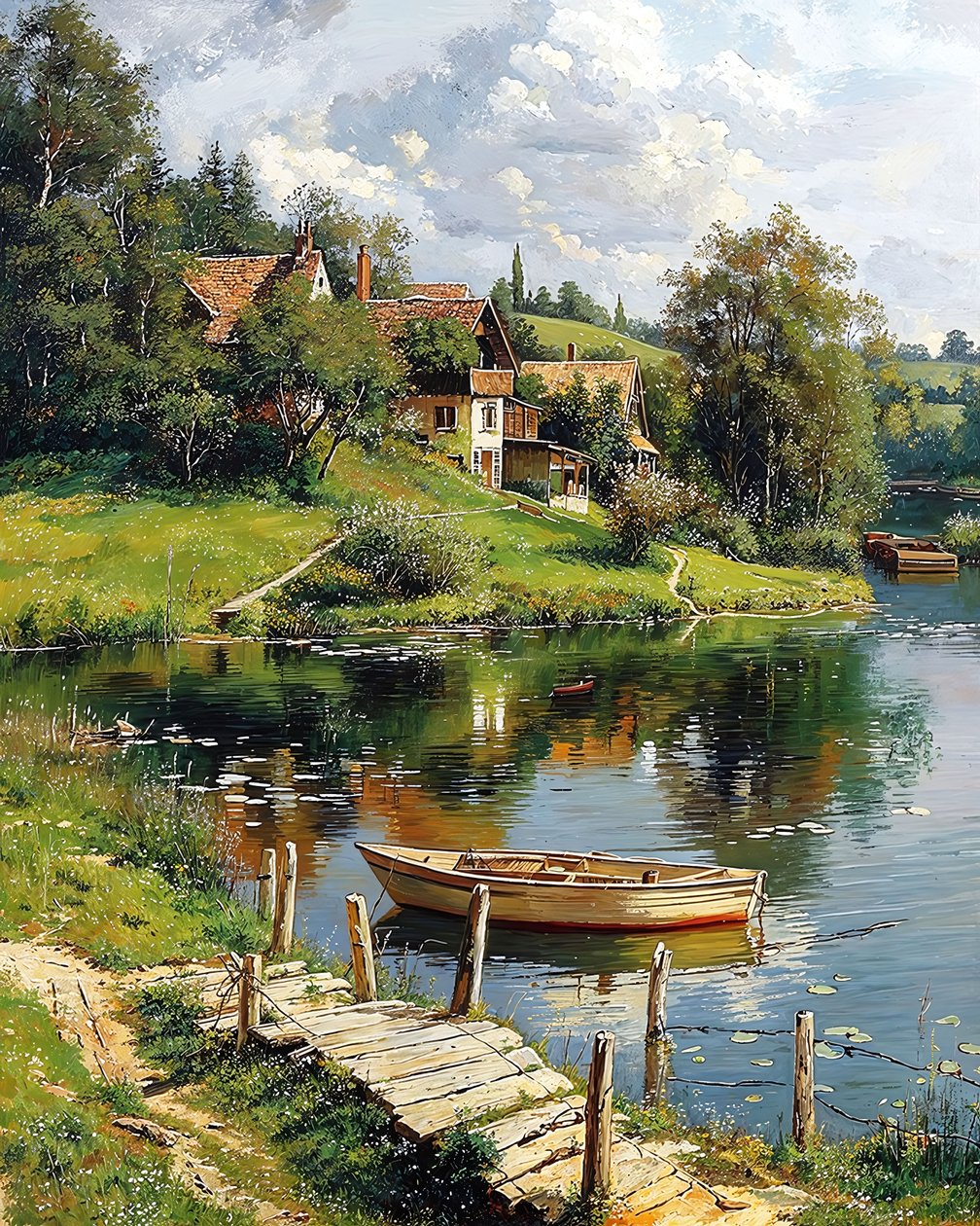 En träbåt förtöjd intill en flod och en traditionell by av F. Abderrahim