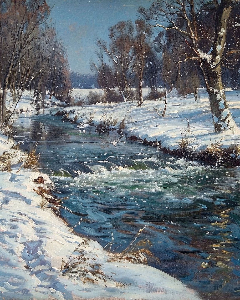 Landskap av en bäck på vintern och snö, idéer för väggdekoration av F. Abderrahim