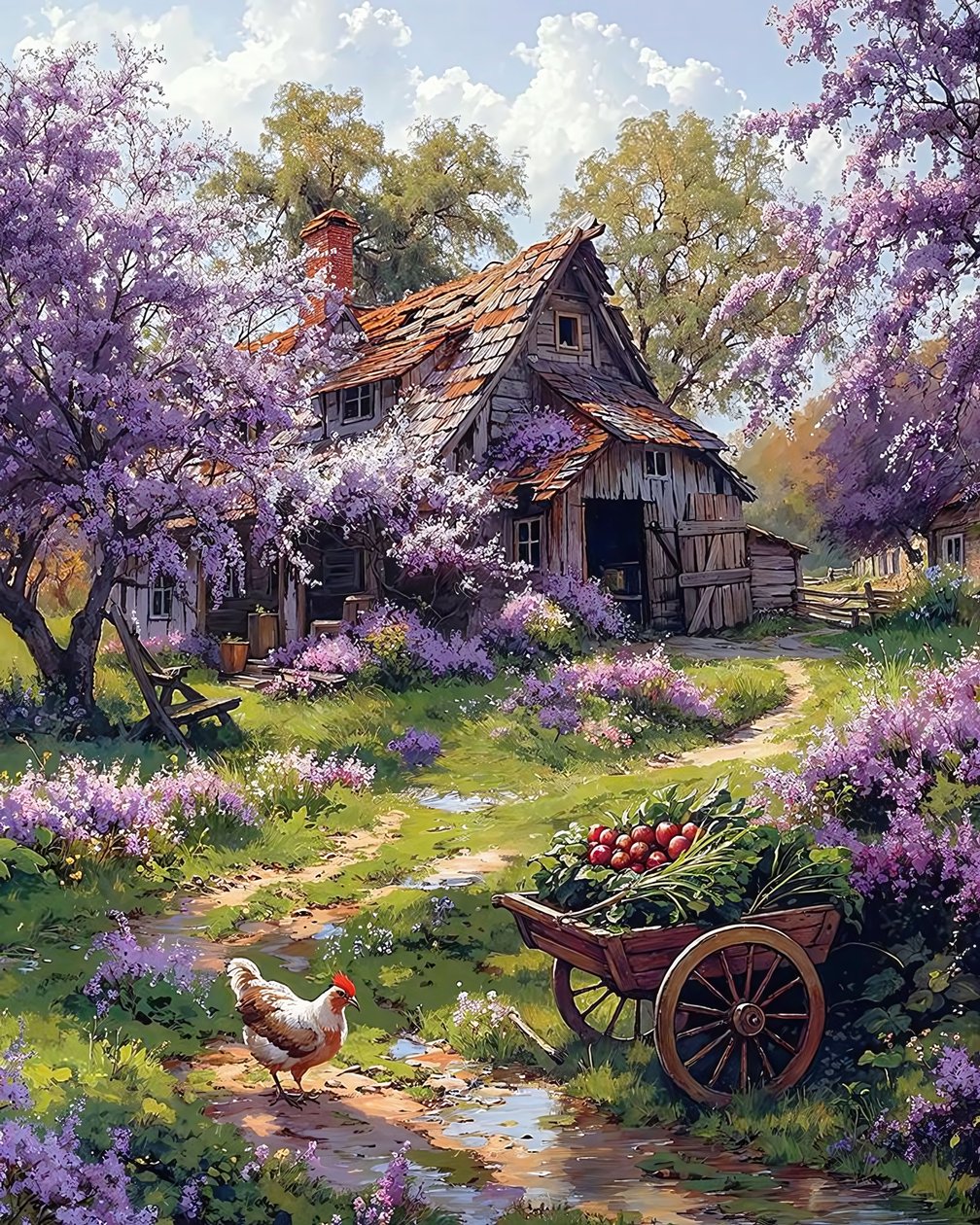 Traditionellt bondgård omgiven av rosa blommor, väggdekorationsidéer av F. Abderrahim