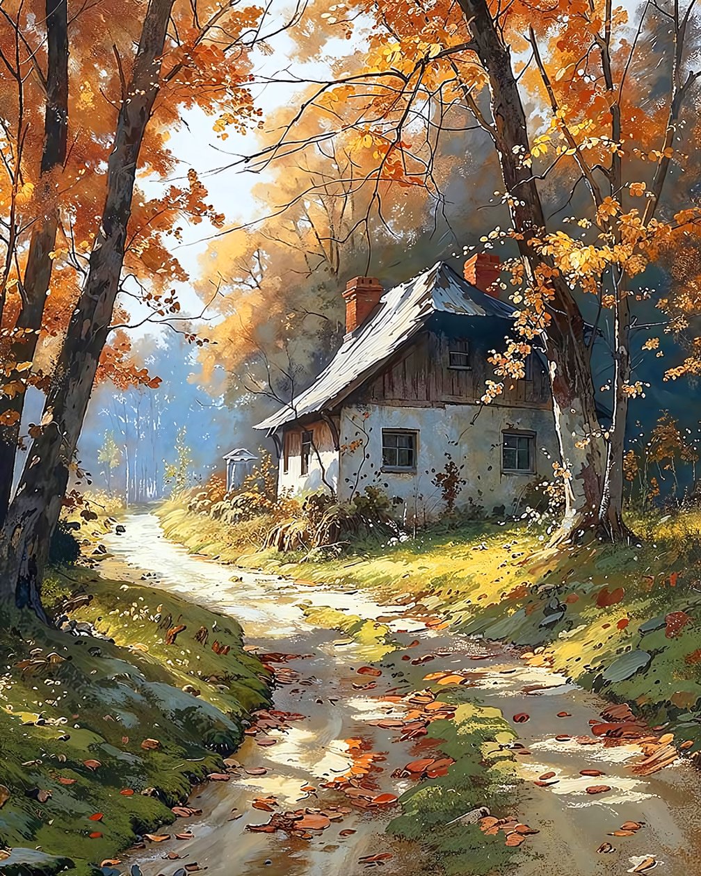 Traditionellt trähus i en skog, tryck på canvas online av F. Abderrahim