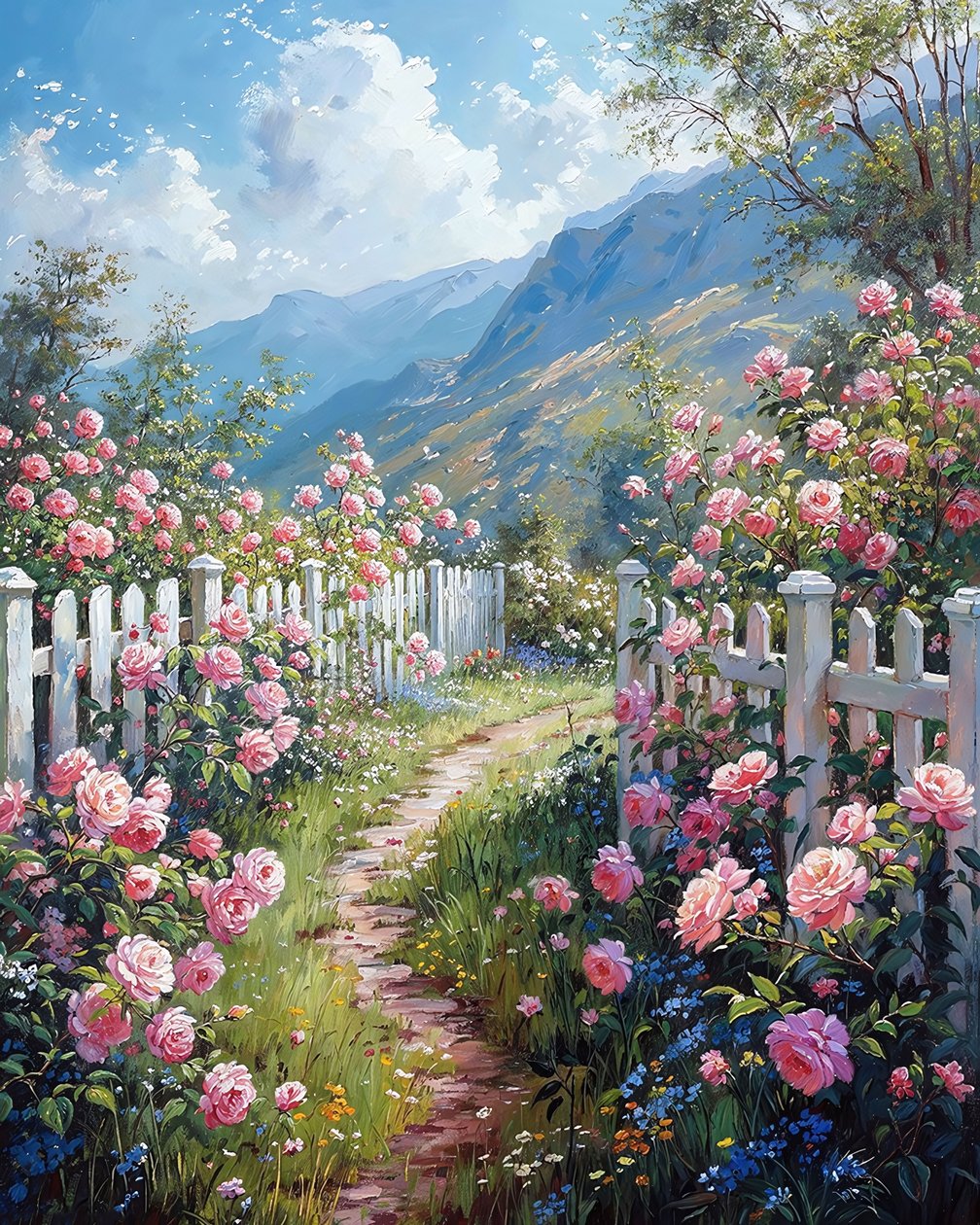 Vackert landskap på landsbygden, Canvas för väggdekoration Vintage Floral av F. Abderrahim