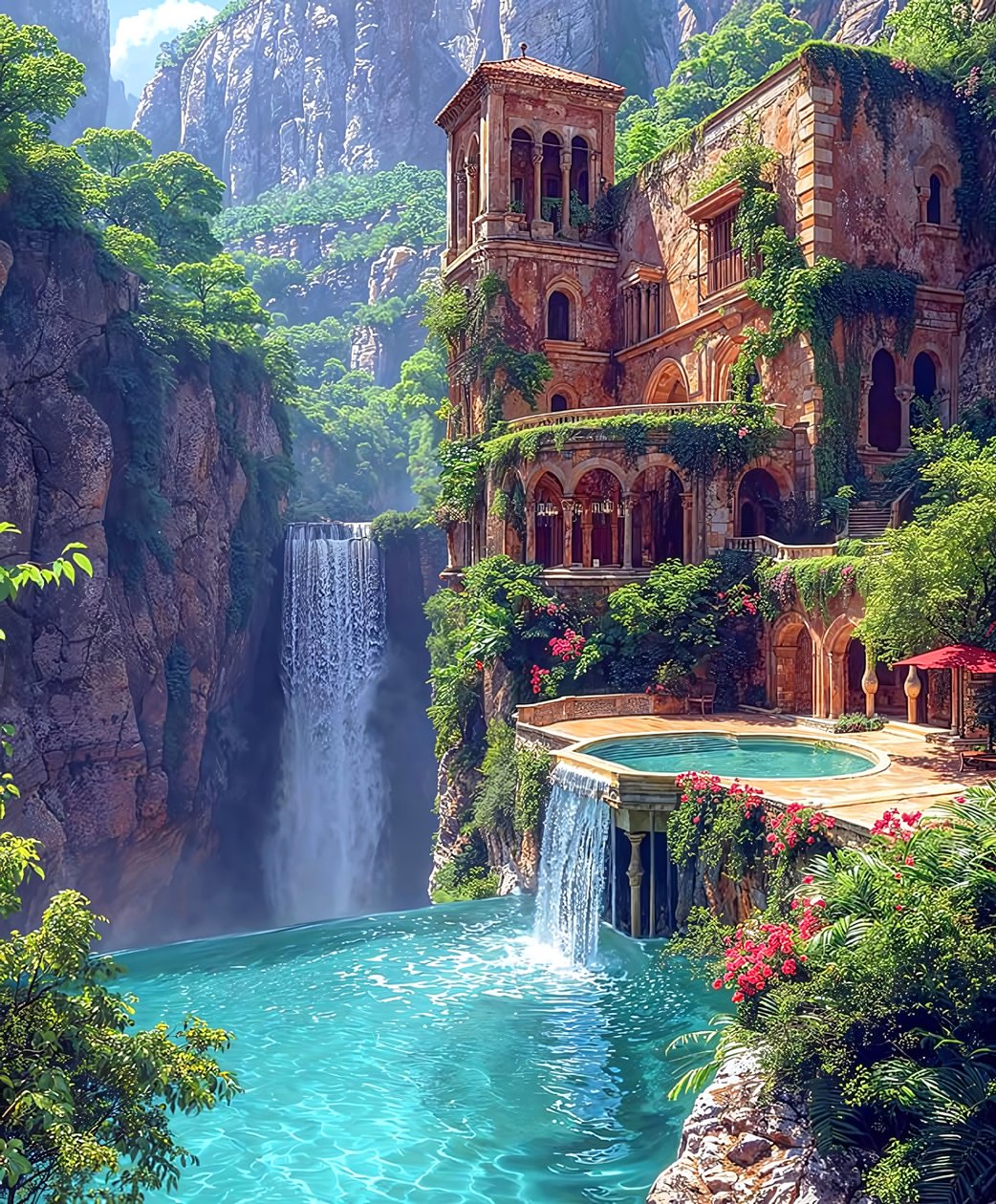 Vattenfall i en surrealistisk stad som illustrerar civilisationen Atlantis av F. Abderrahim