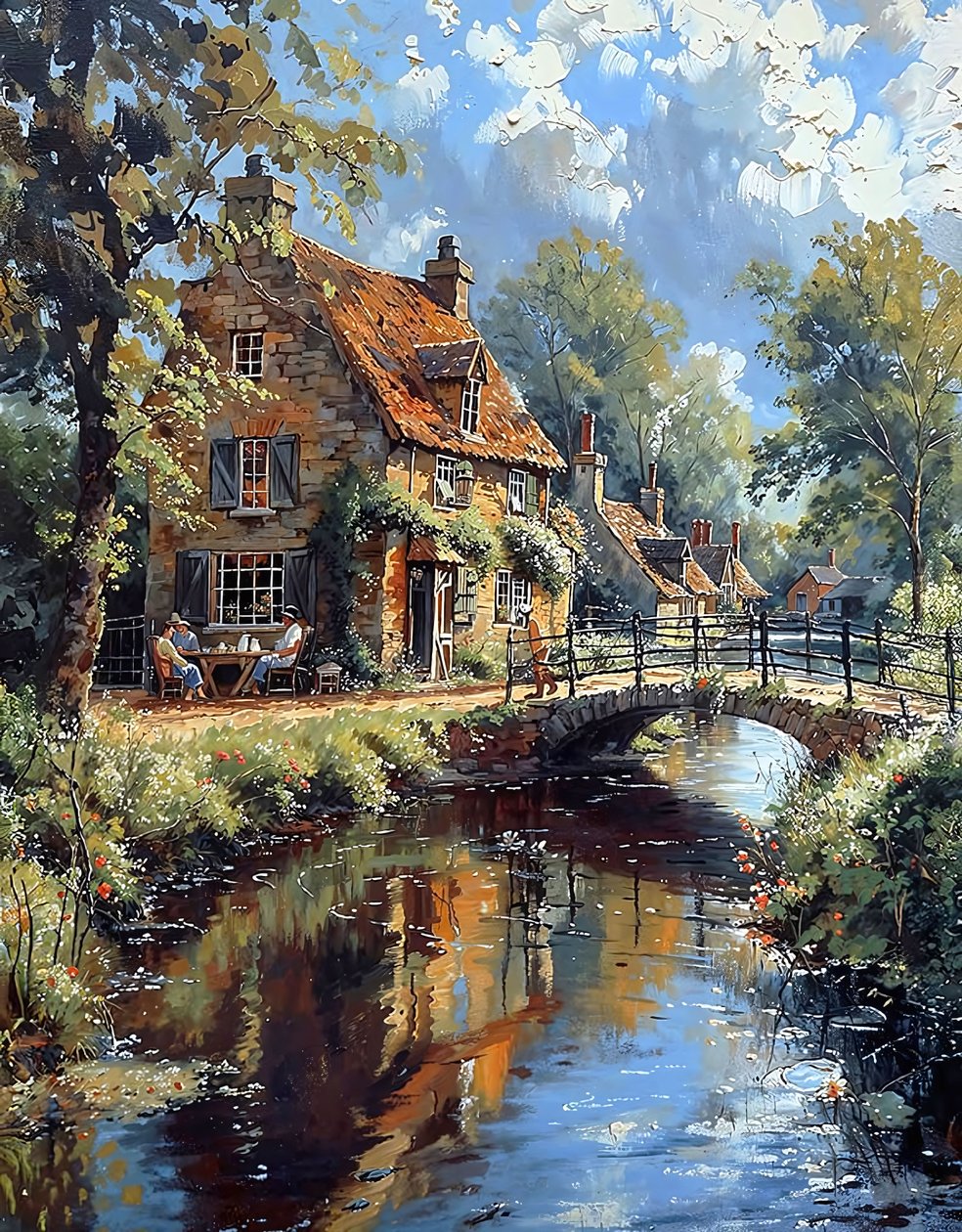 En gammal bro över en bäck bredvid en stuga i ett europeiskt landsbygdslandskap av F. Abderrahim