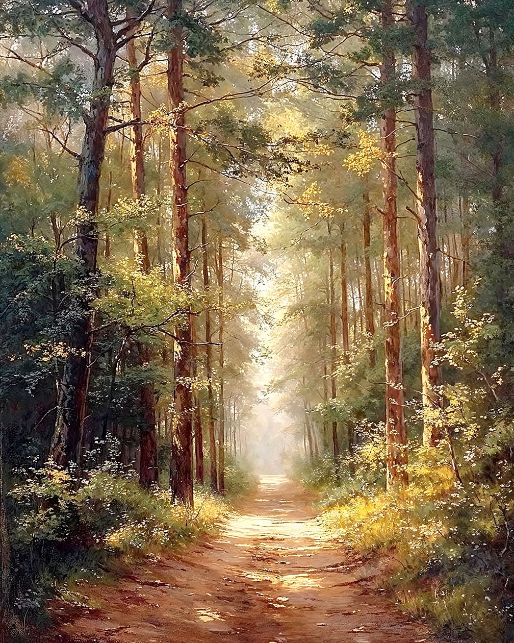 Lång stig i skog med höga träd, klassisk väggdekor av F. Abderrahim