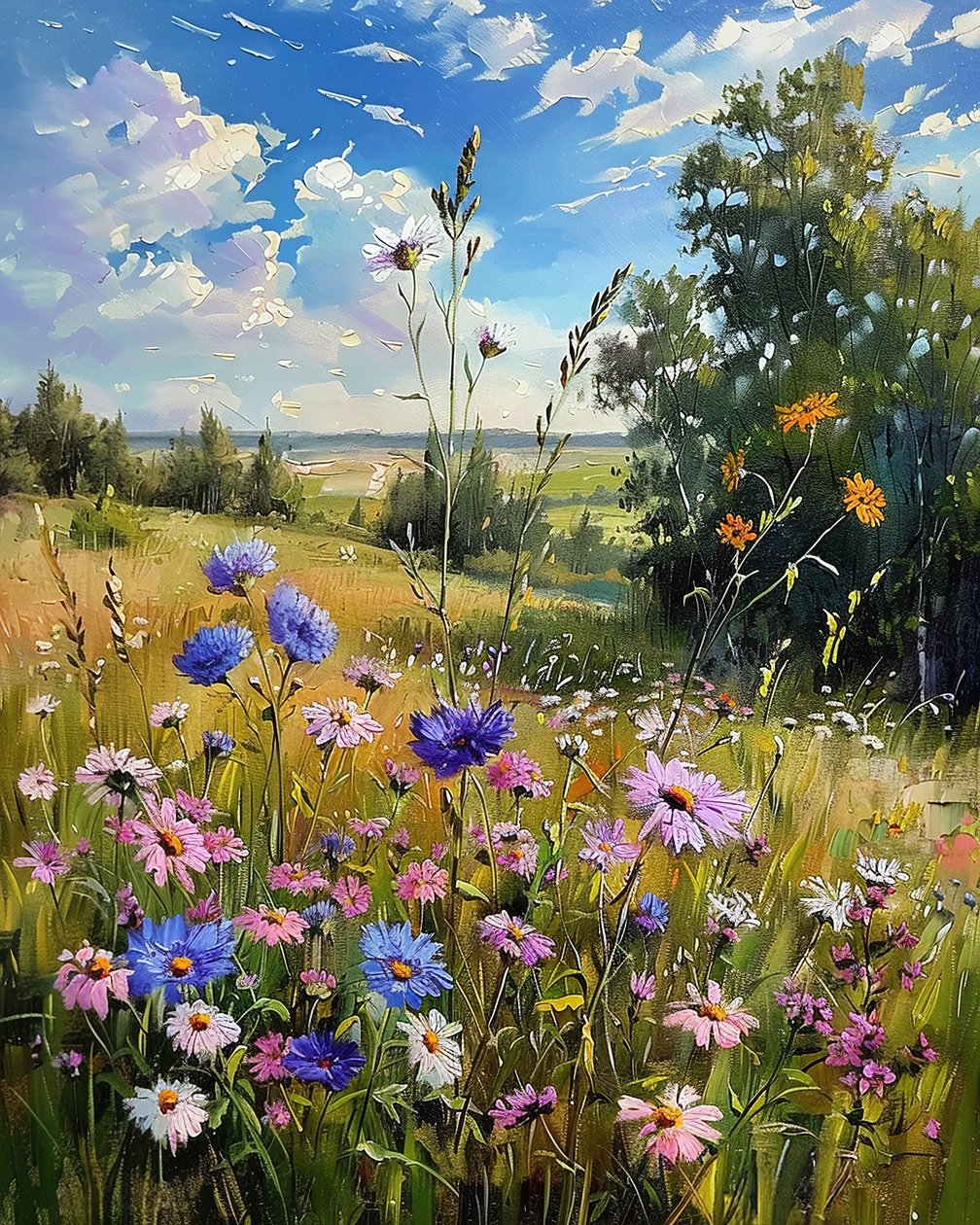 Landskap med vildblommor, idéer för väggdekorationer, canvastavlor av F. Abderrahim