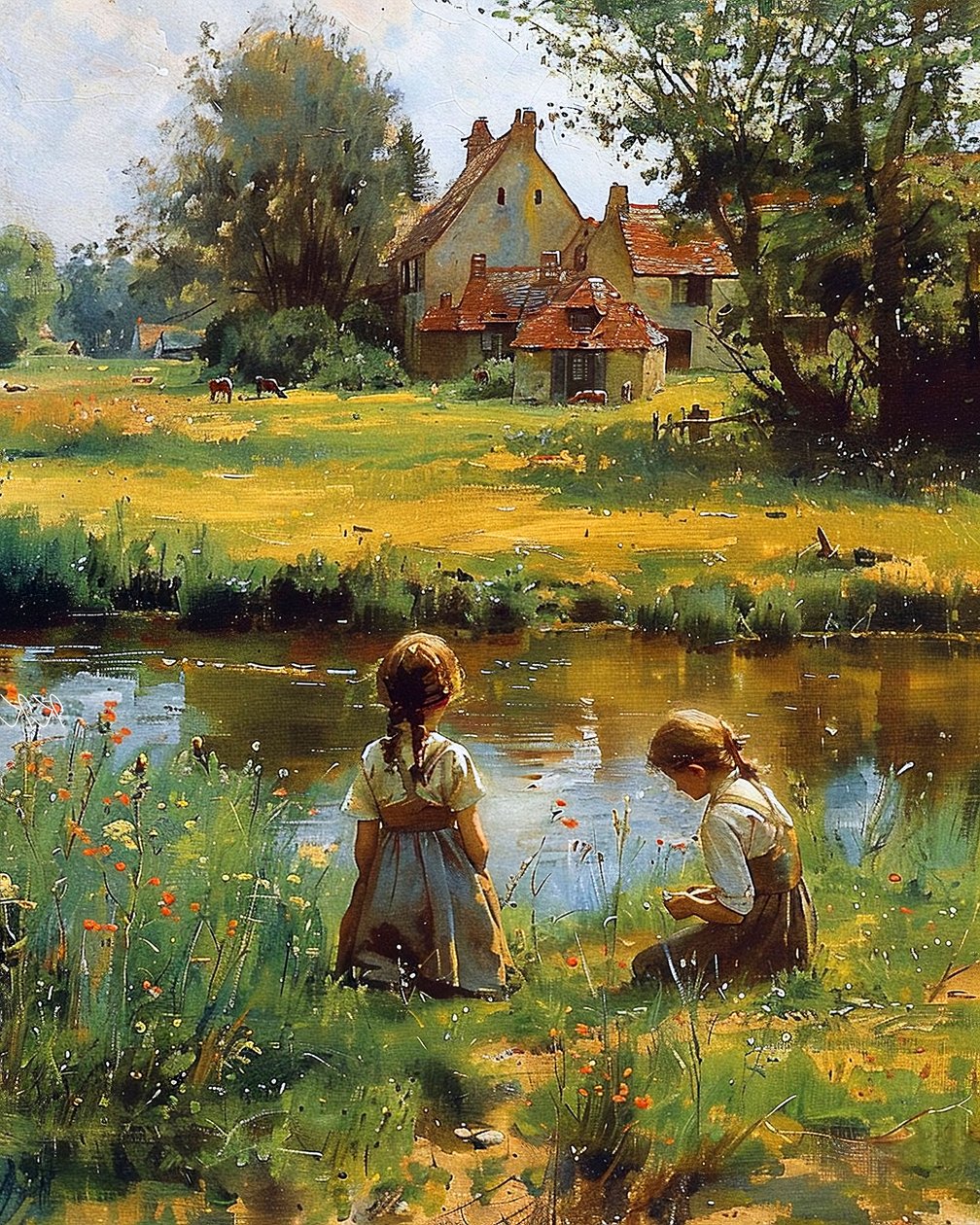 Barn leker utanför hus på landsbygden, canvas tryck av F. Abderrahim