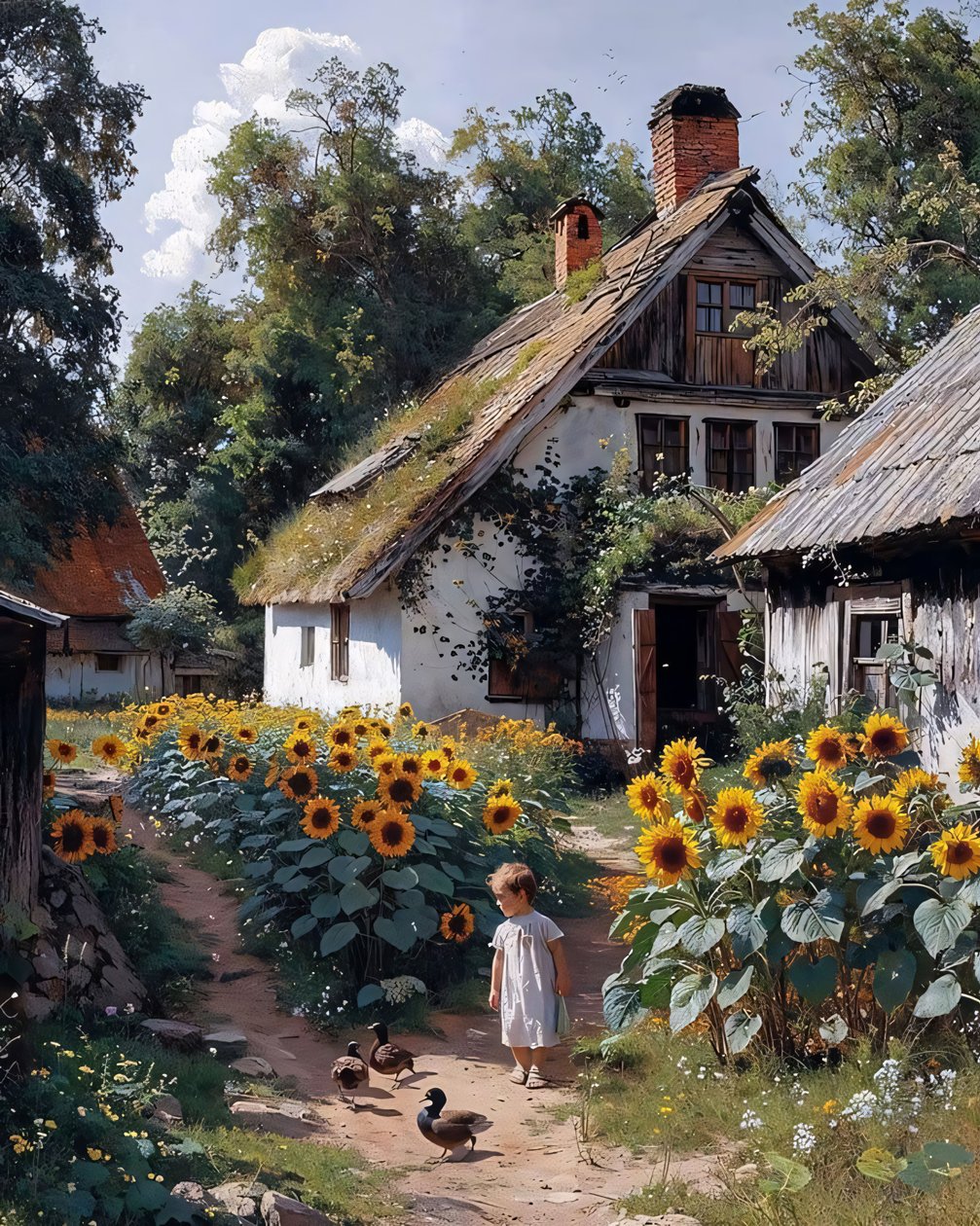 Ett barn leker framför en gammal gård omgiven av solrosor canvas av F. Abderrahim
