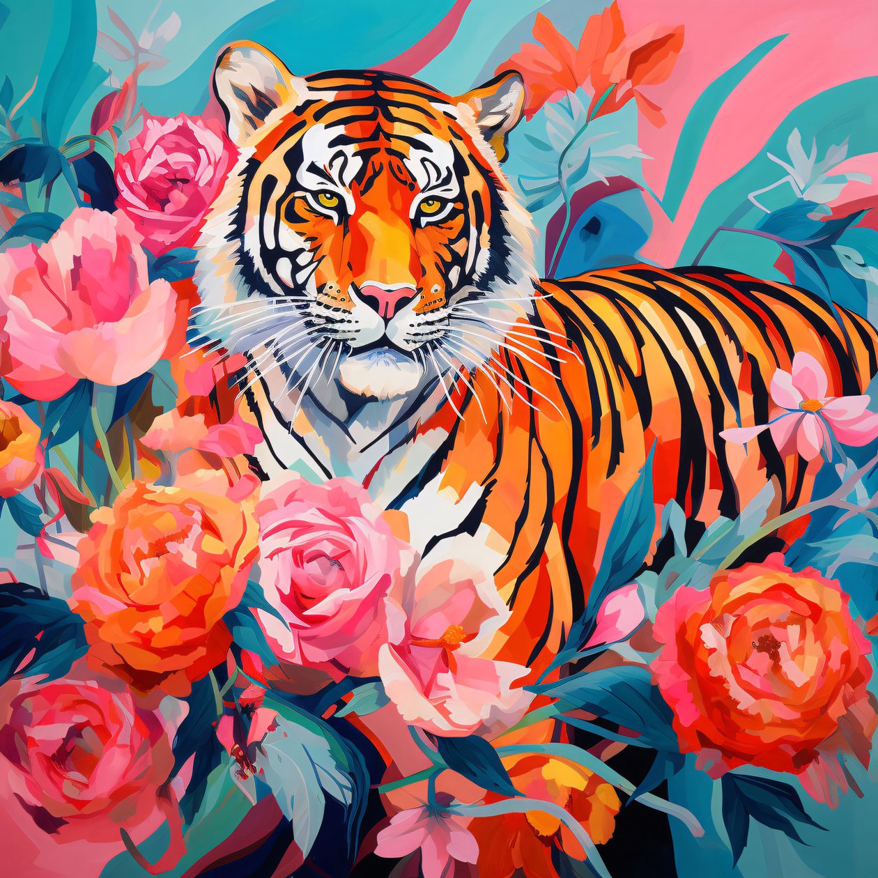 Abstrakt målning Peony Rose  tiger, levande färg, väggdekorationsidéer av F. Abderrahim