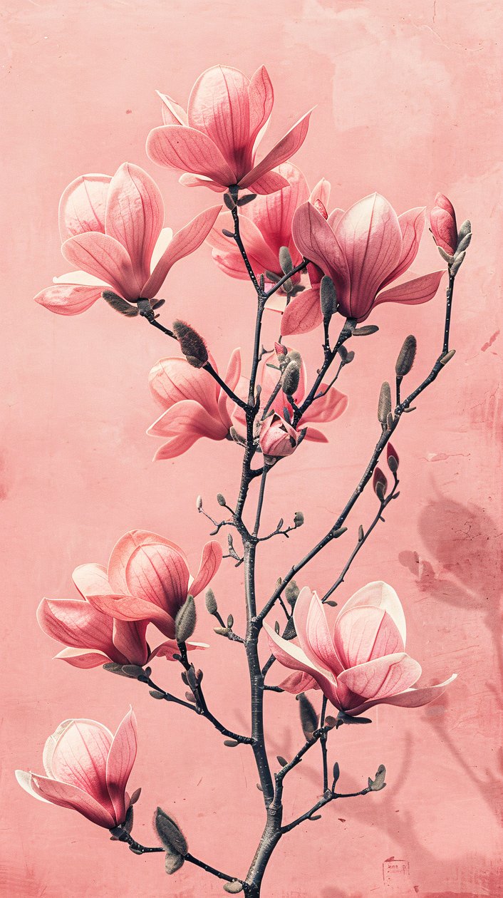 Minimalistiska rosa och grå blommor, botanisk väggdekoration för sovrum av F. Abderrahim