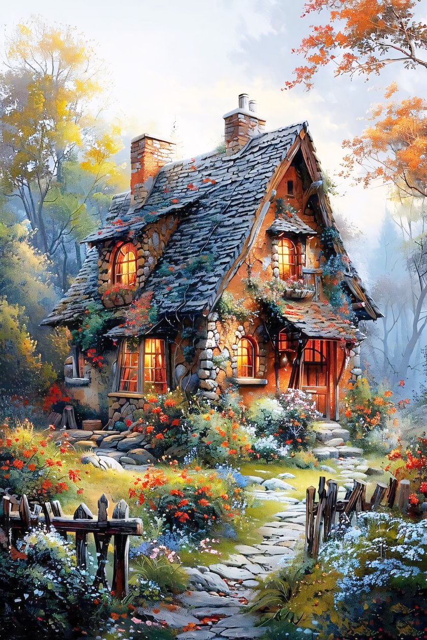 Landskapsmålning på duk, Farm House Painting, natur väggdekor av F. Abderrahim