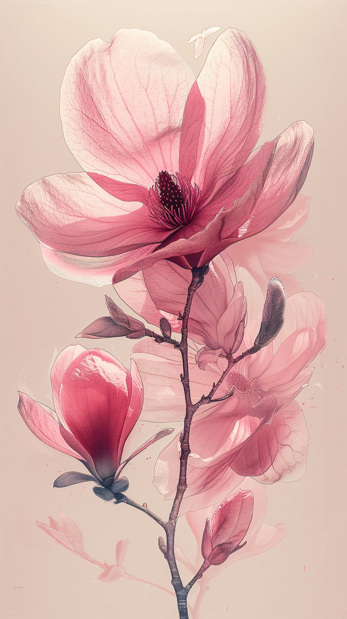 Minimalistisk skiss med en enda linje rosa grå blommor, botanisk väggdekor av F. Abderrahim