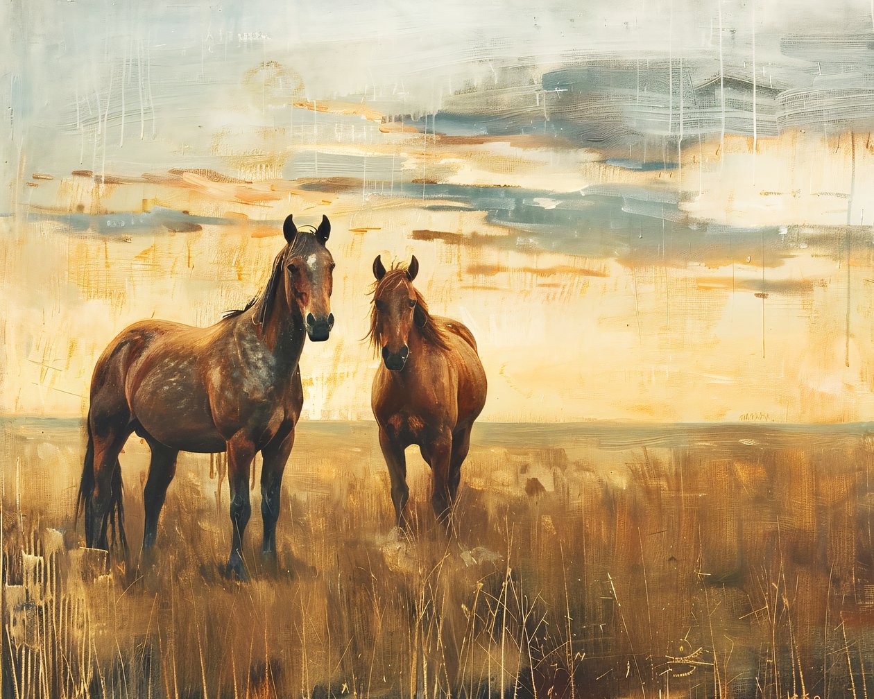 Oljemålning Majestätiska hästar på ett fält vid solnedgången, Canvas  väggdekor av F. Abderrahim