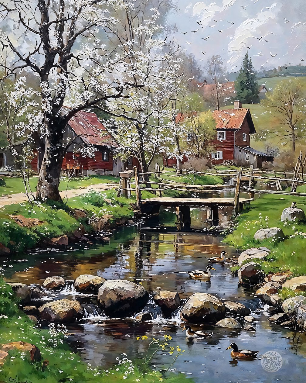 The Mill Cottage in Spring, olja på duk, inramad väggdekoration av F. Abderrahim