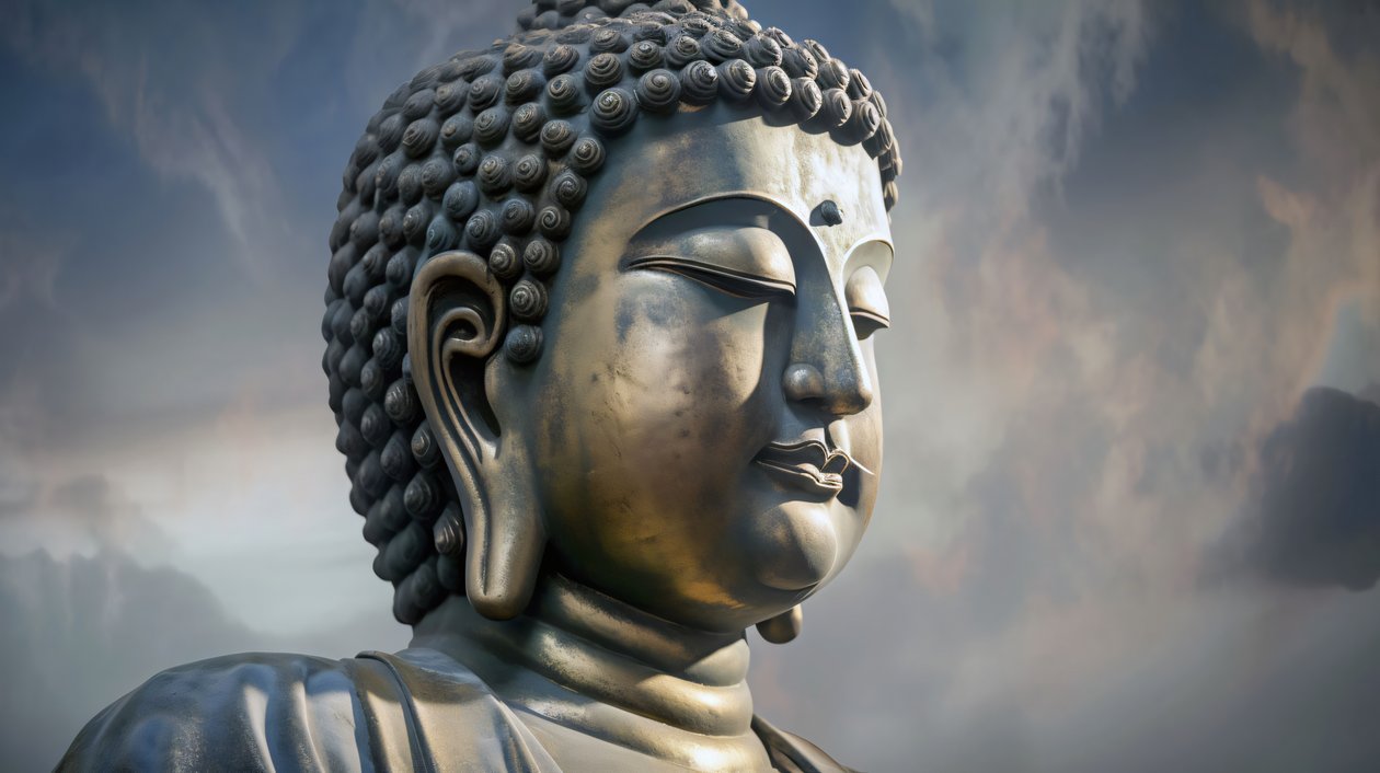 Buddhaporträtt sittande i fridfull meditation, inramad canvas på begäran av F. Abderrahim