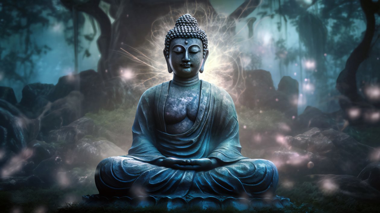 Buddha sitter i fridfull meditation, en andlig buddhistisk duk, inramade väggkonsttryck av F. Abderrahim
