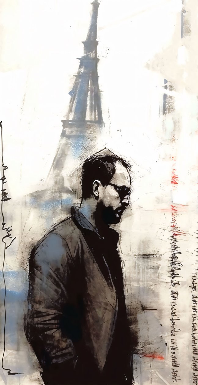 Målning av en man som går ner i Paris, Väggdekoration du kommer att älska, konsttryck av F. Abderrahim