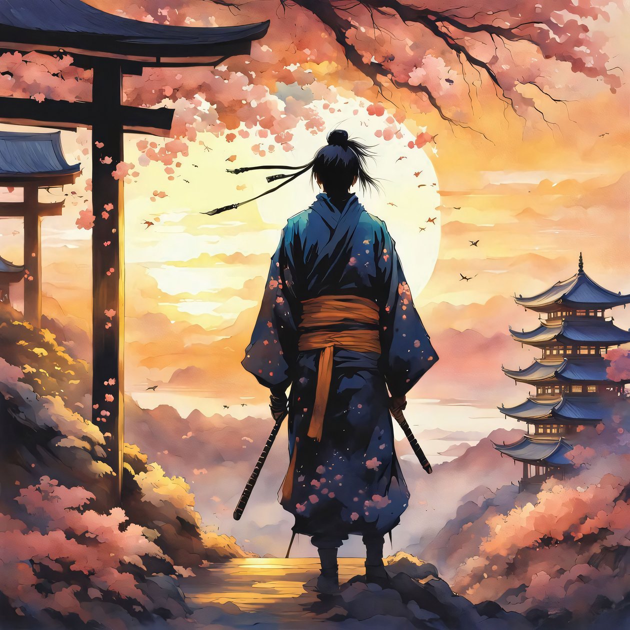 Japanska samurajer, i ett tempel på ett berg, rosa färger, Beställningsbara canvastavlor av F. Abderrahim