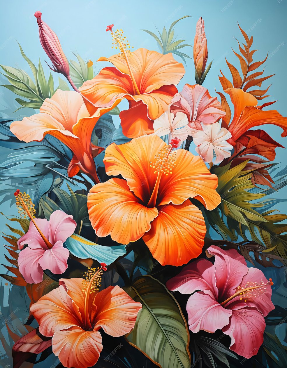 Målning av en blomsterbukett Orange och rosa, vägg Heminredning tryck av F. Abderrahim
