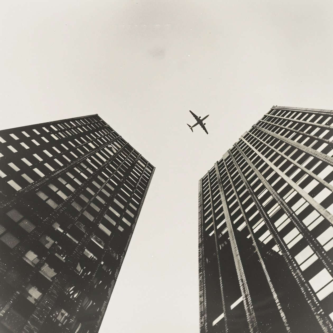 Flygplan som flyger över två torn, fotografi med  svart, väggkonsttryck på begäran av F. Abderrahim
