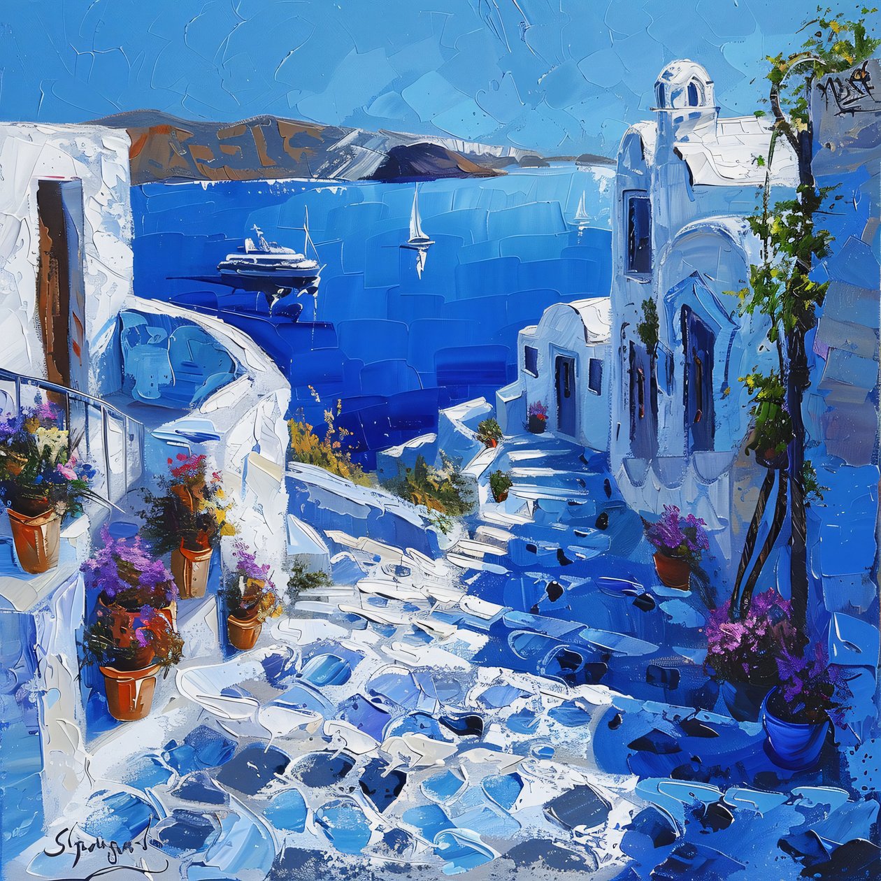 Santorini med vackra gatlyktor, canvas  ram väggdekorationer tryck av F. Abderrahim
