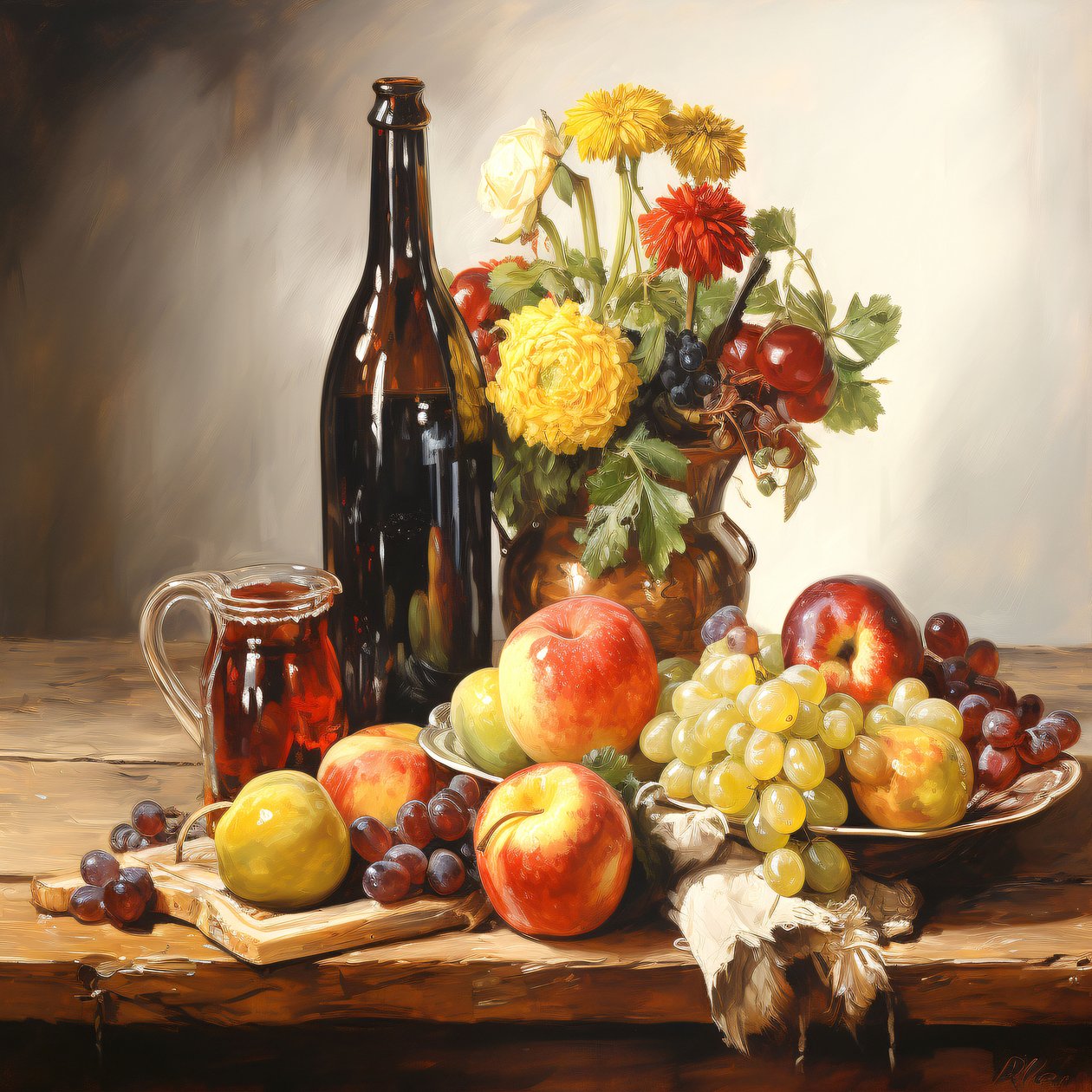 Stillebenmålning, blommor, frukt och vin, vägg Home Decor prints av F. Abderrahim