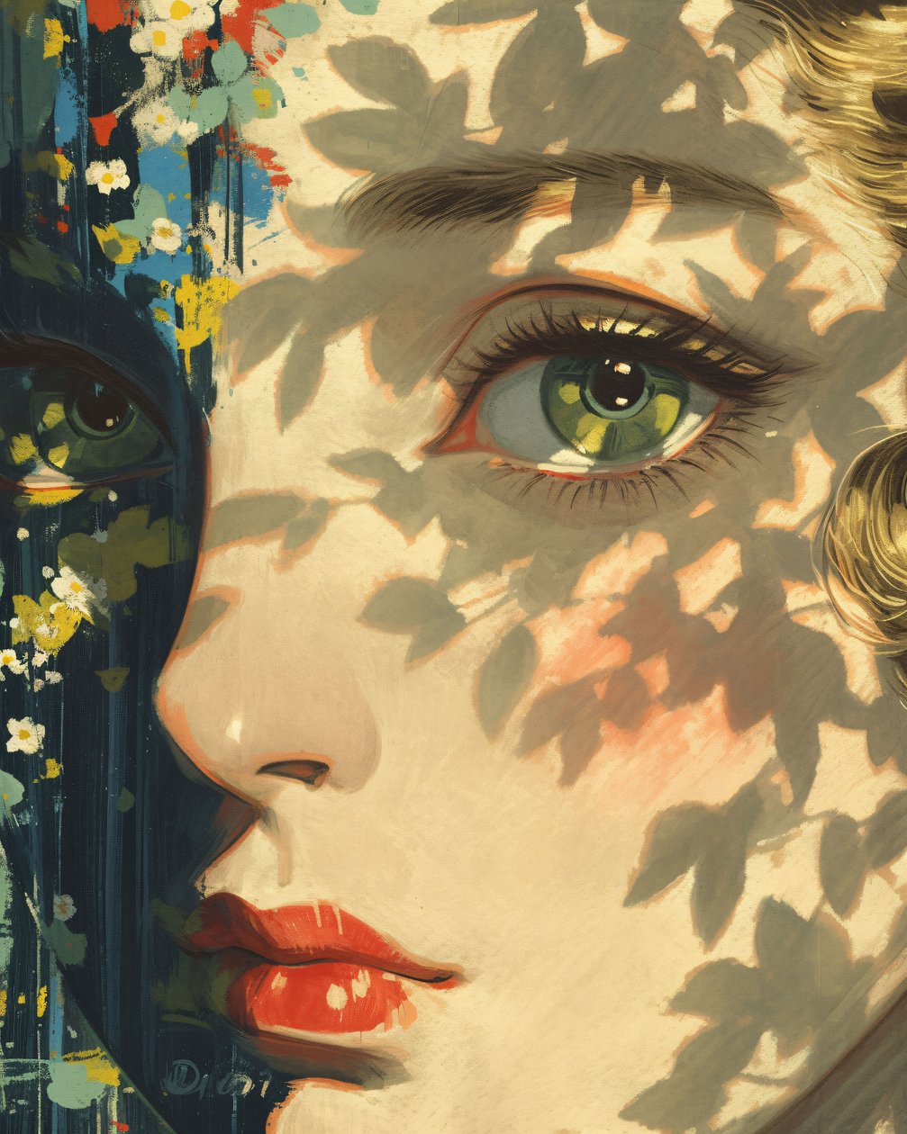 Sunlight Magus A Fornasetti Daydream, närbild av en flickas ansikte, konsttryck online av F. Abderrahim