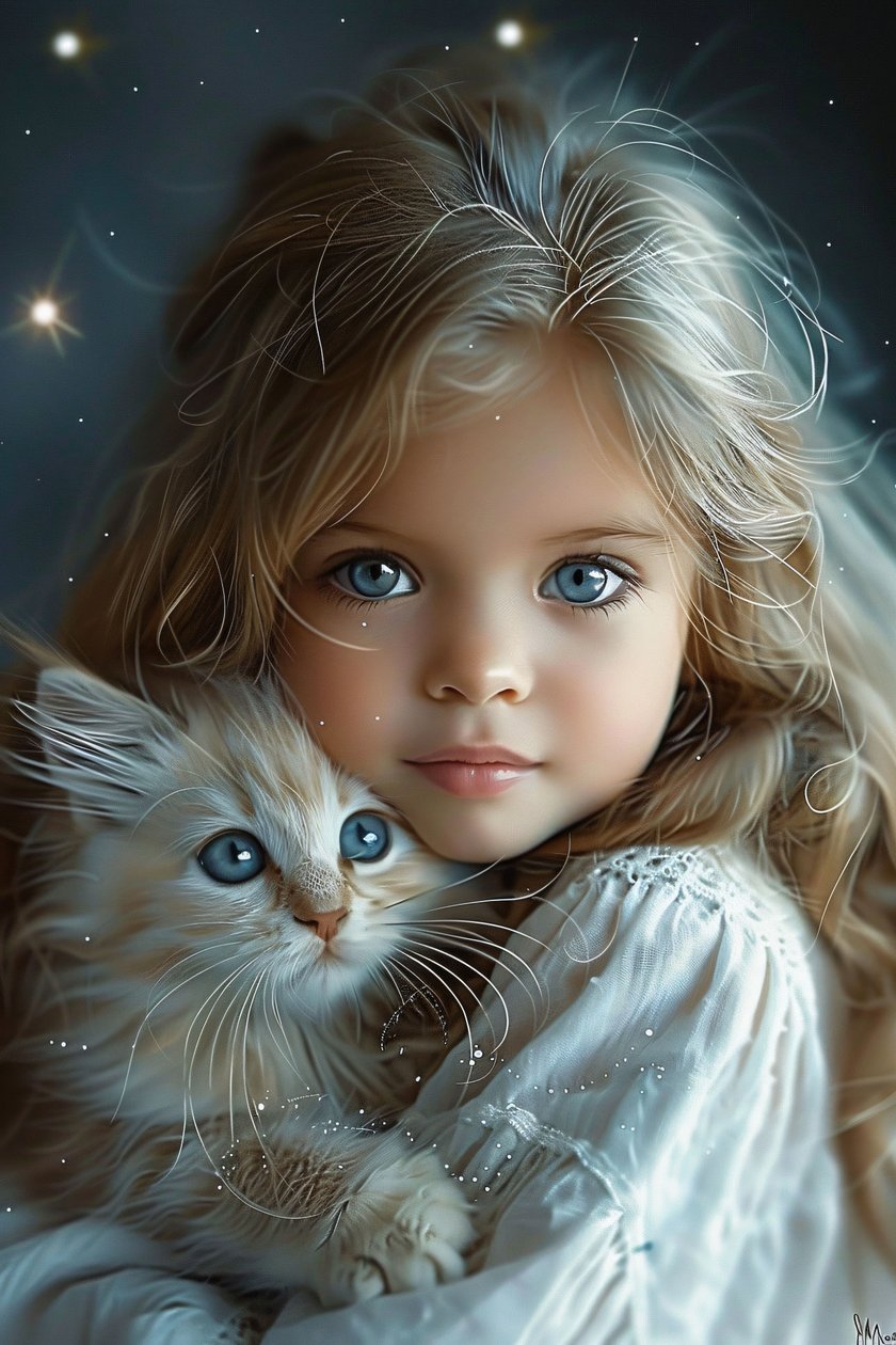 The Girl and Her Cat A Bond of Big Blue Eyes and Love, ram väggdekoration tryck av F. Abderrahim