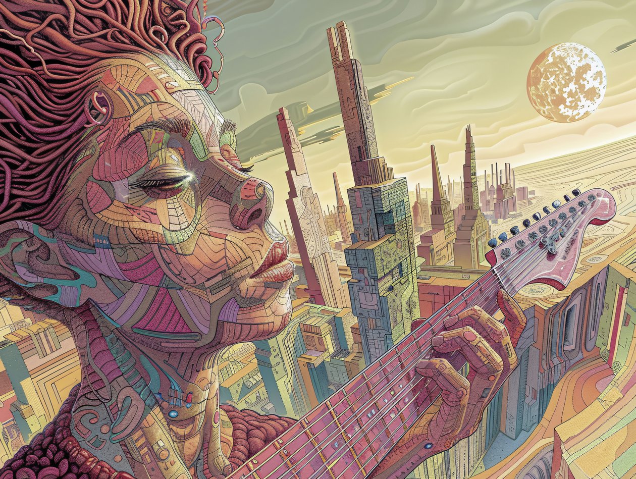 Ung man som spelar musik i en surrealistisk futuristisk scen, ram väggdekoration tryck av F. Abderrahim