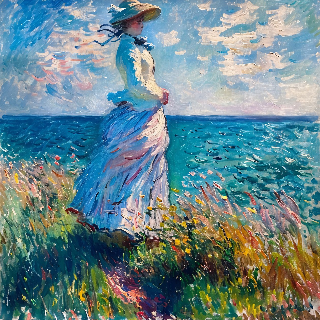 Ung kvinna i klänning i naturen, stående på stranden, Monet Style av F. Abderrahim