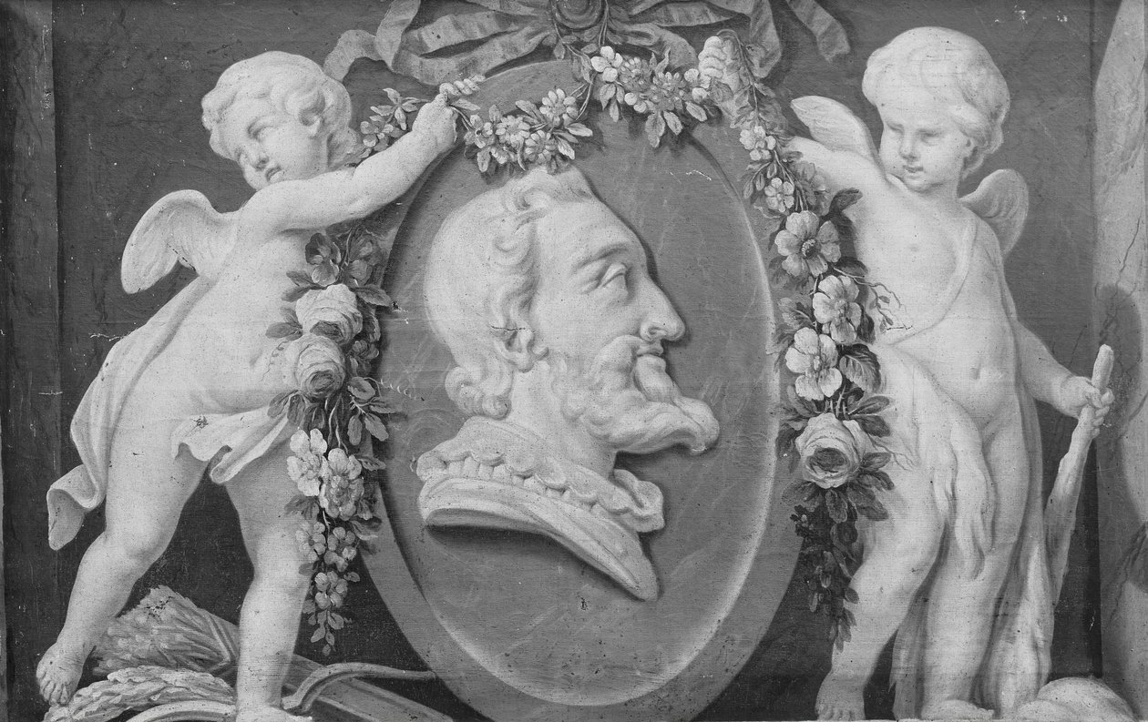 Byst av Henri IV i oval medaljong med blå botten uppburen av två amoriner, 1700-tal. av 18th century . French Painter